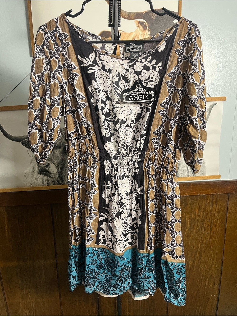 Angie Mixed-Print Mini Dress in Brown, Black & Teal
